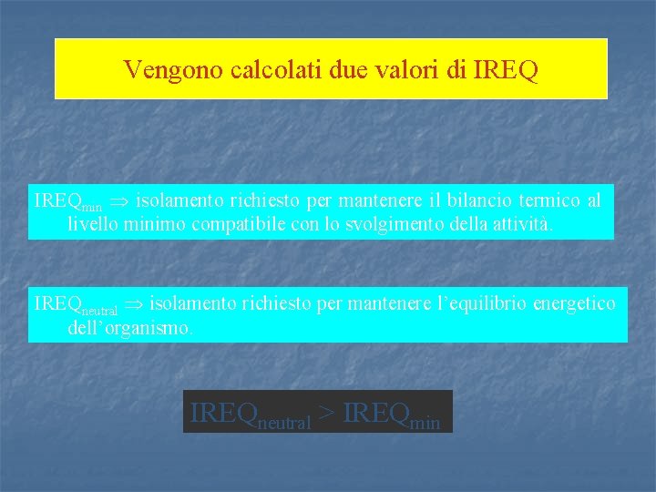 Vengono calcolati due valori di IREQmin isolamento richiesto per mantenere il bilancio termico al