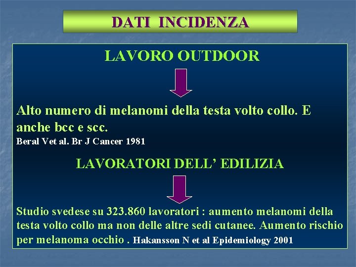 DATI INCIDENZA LAVORO OUTDOOR Alto numero di melanomi della testa volto collo. E anche