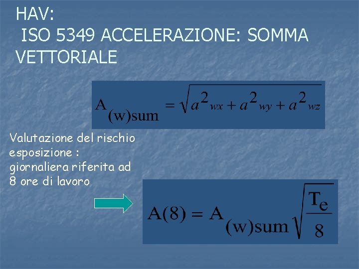 HAV: ISO 5349 ACCELERAZIONE: SOMMA VETTORIALE Valutazione del rischio esposizione : giornaliera riferita ad HAV: ISO 5349 ACCELERAZIONE: SOMMA VETTORIALE Valutazione del rischio esposizione : giornaliera riferita ad