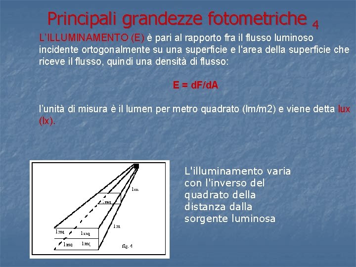 Principali grandezze fotometriche 4 L’ILLUMINAMENTO (E) è pari al rapporto fra il flusso luminoso