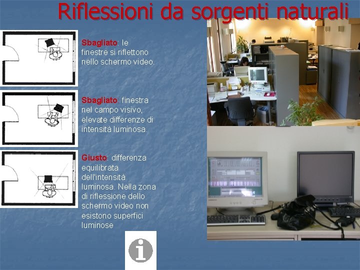 Riflessioni da sorgenti naturali Sbagliato: le finestre si riflettono nello schermo video. Sbagliato: finestra