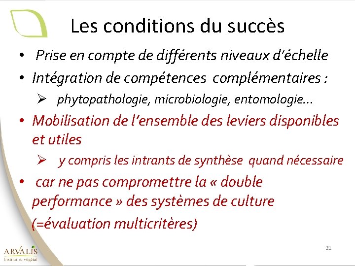 Les conditions du succès • Prise en compte de différents niveaux d’échelle • Intégration