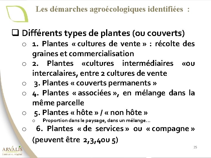 Les démarches agroécologiques identifiées : q Différents types de plantes (ou couverts) o 1.