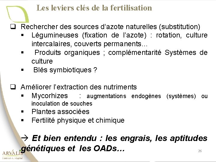 Les leviers clés de la fertilisation q Recher des sources d’azote naturelles (substitution) §
