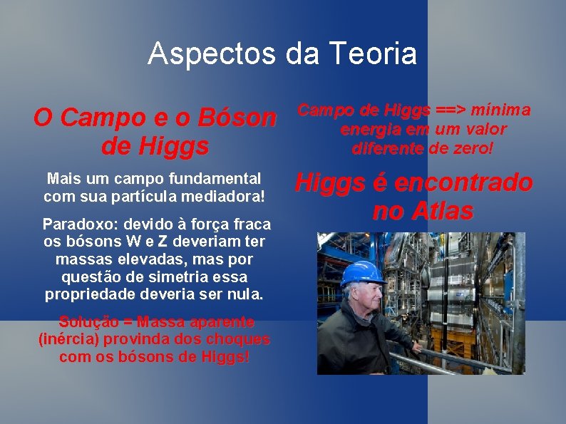 Aspectos da Teoria O Campo e o Bóson de Higgs Campo de Higgs ==>