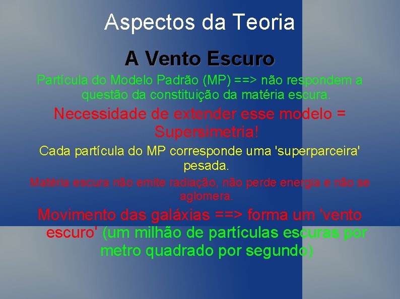 Aspectos da Teoria A Vento Escuro Partícula do Modelo Padrão (MP) ==> não respondem