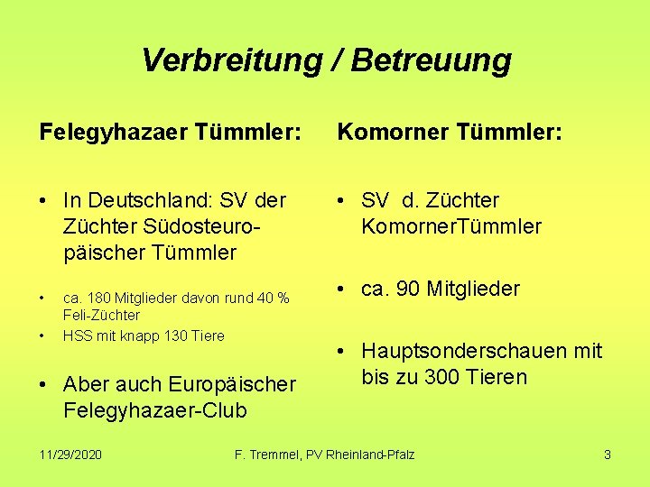 Verbreitung / Betreuung Felegyhazaer Tümmler: Komorner Tümmler: • In Deutschland: SV der Züchter Südosteuropäischer