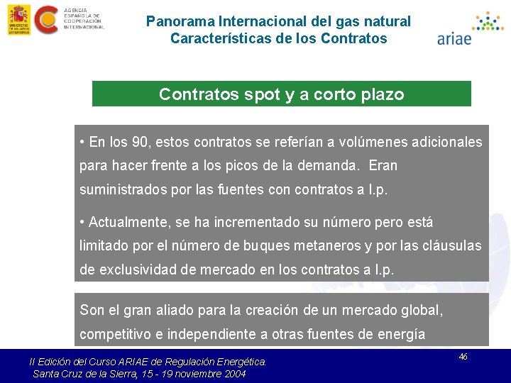 Panorama Internacional del gas natural Características de los Contratos spot y a corto plazo