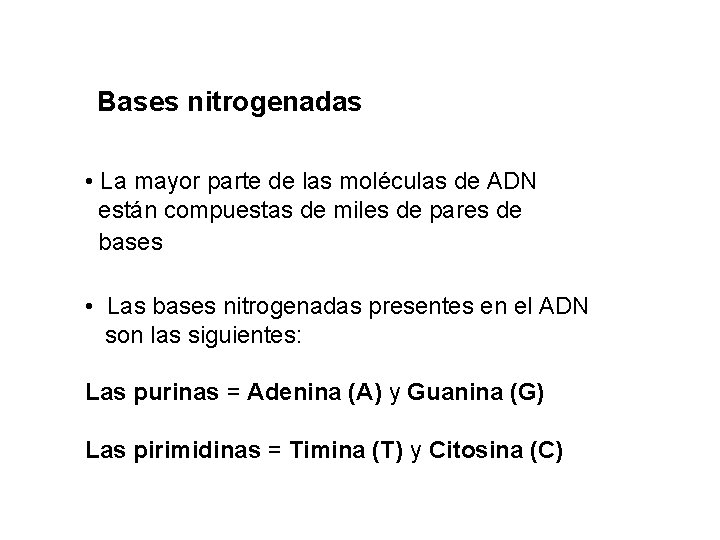 Bases nitrogenadas • La mayor parte de las moléculas de ADN están compuestas de