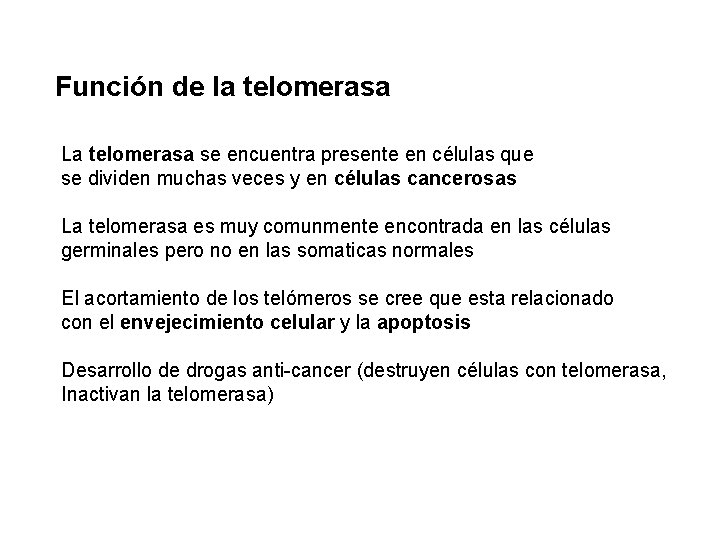 Función de la telomerasa La telomerasa se encuentra presente en células que se dividen