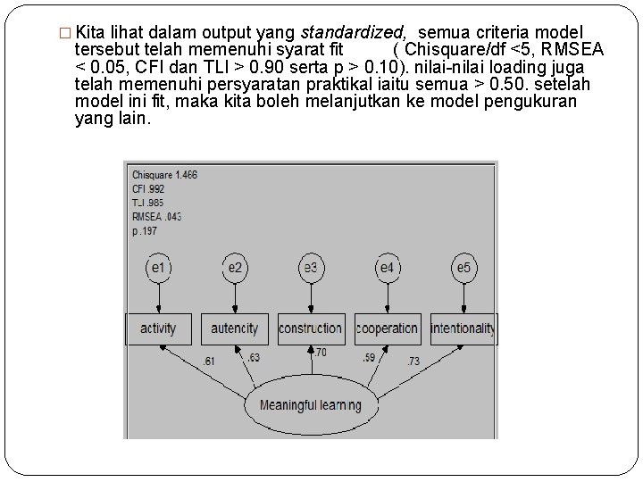 � Kita lihat dalam output yang standardized, semua criteria model tersebut telah memenuhi syarat