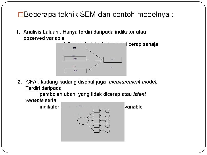 �Beberapa teknik SEM dan contoh modelnya : 1. Analisis Laluan : Hanya terdiri daripada