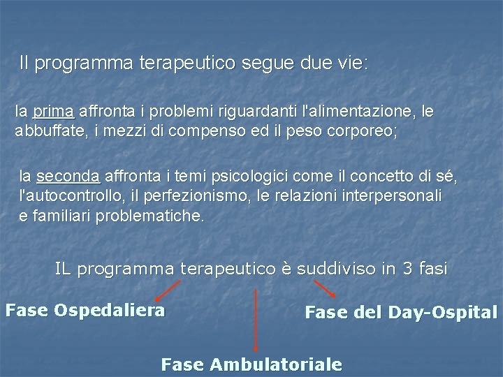 Il programma terapeutico segue due vie: la prima affronta i problemi riguardanti l'alimentazione, le Il programma terapeutico segue due vie: la prima affronta i problemi riguardanti l'alimentazione, le
