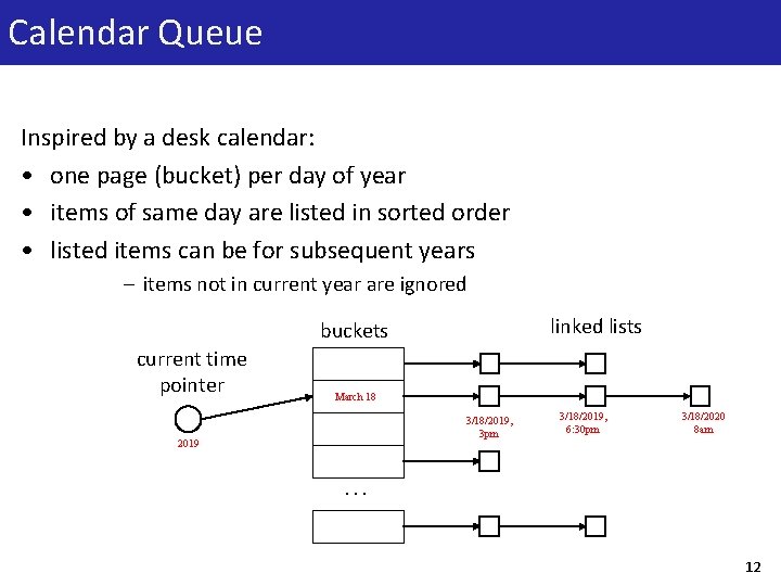 Calendar Queue Inspired by a desk calendar: • one page (bucket) per day of