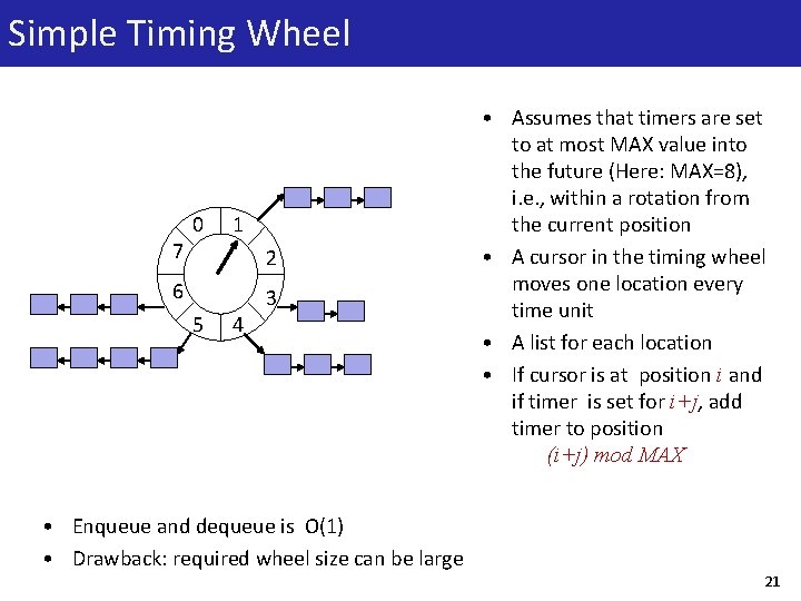 Simple Timing Wheel 7 0 1 2 6 5 4 3 • Enqueue and