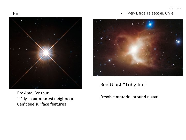 HST summary • Very Large Telescope, Chile Recall column Red Giant “Toby Jug” Proxima