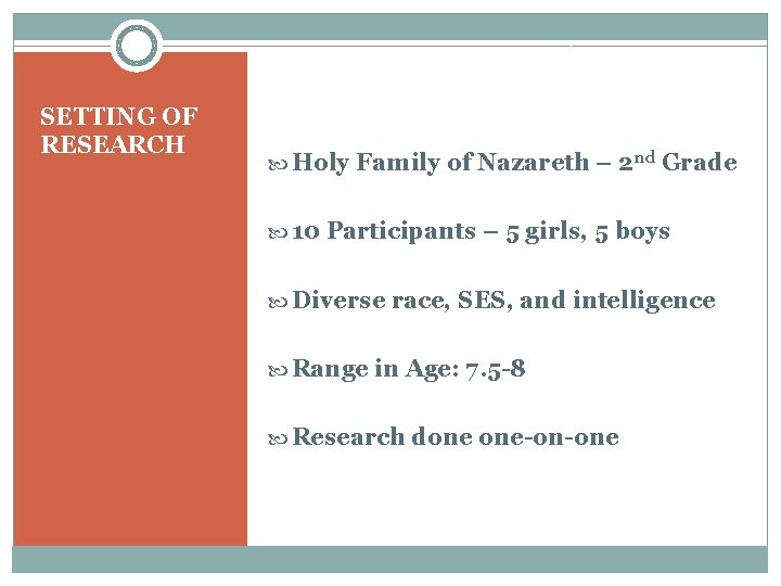 SETTING OF RESEARCH Holy Family of Nazareth – 2 nd Grade 10 Participants – SETTING OF RESEARCH Holy Family of Nazareth – 2 nd Grade 10 Participants –