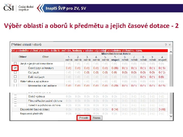 Insp. IS ŠVP pro ZV, SV Výběr oblastí a oborů k předmětu a jejich