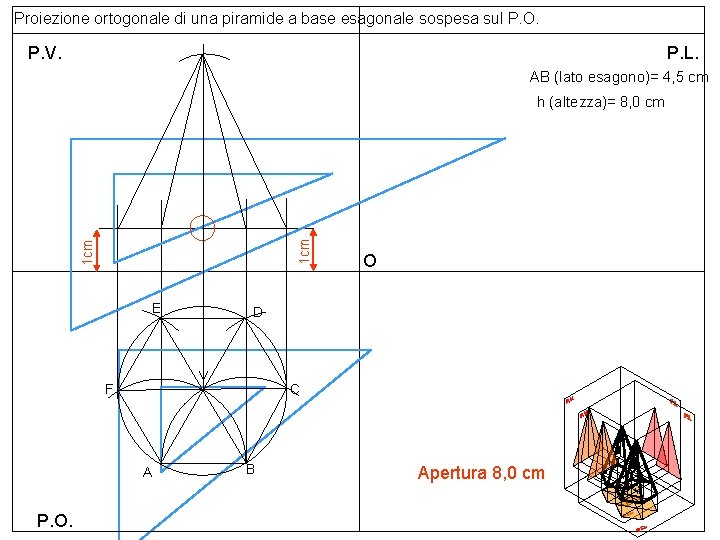 Proiezione ortogonale di una piramide a base esagonale sospesa sul P. O. P. L.