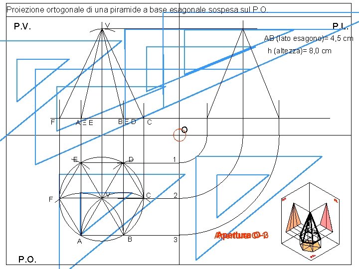 Proiezione ortogonale di una piramide a base esagonale sospesa sul P. O. P. V.