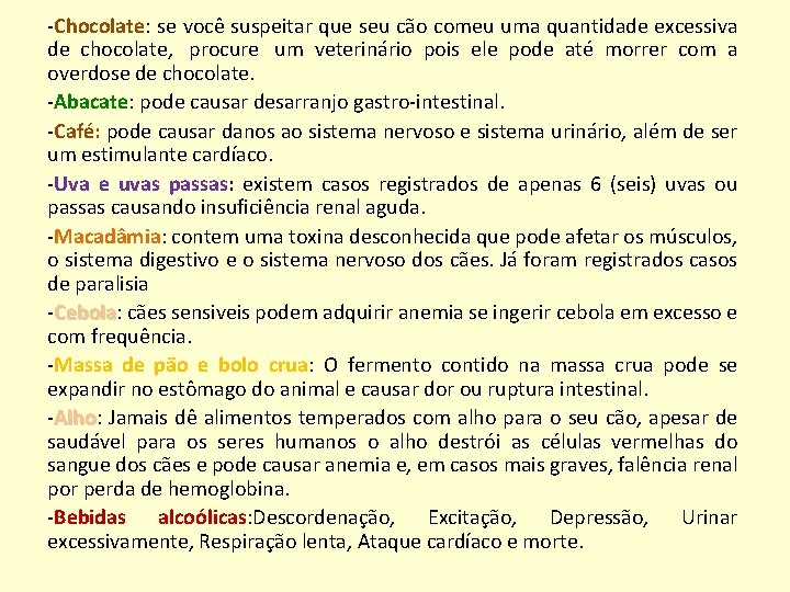 -Chocolate: se você suspeitar que seu cão comeu uma quantidade excessiva de chocolate, procure