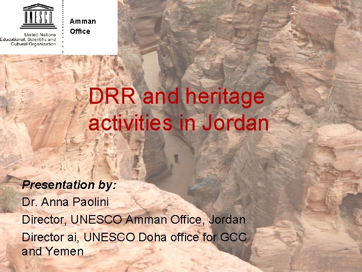 Amman Office DRR and heritage activities in Jordan Presentation by: Dr. Anna Paolini Director,