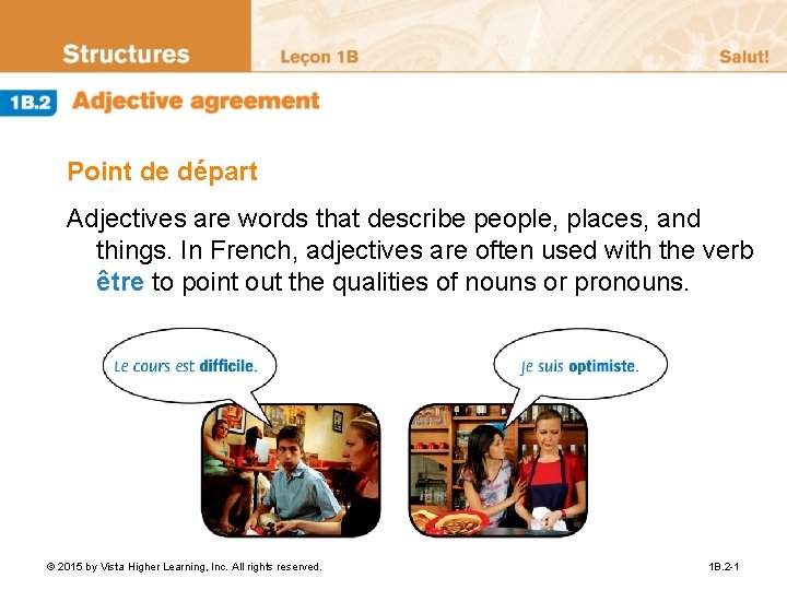 Point de départ Adjectives are words that describe people, places, and things. In French,