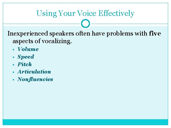 Using Your Voice Effectively Inexperienced speakers often have problems with five aspects of vocalizing.