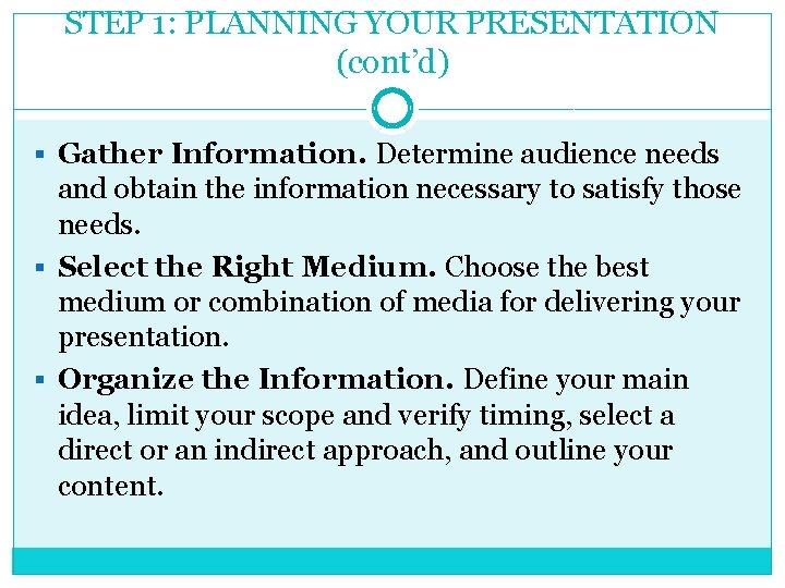 STEP 1: PLANNING YOUR PRESENTATION (cont’d) § Gather Information. Determine audience needs and obtain