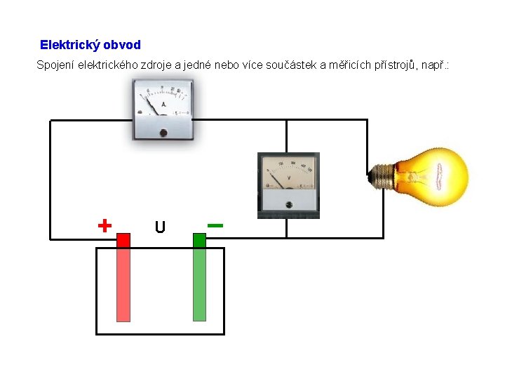 Elektrický obvod Spojení elektrického zdroje a jedné nebo více součástek a měřicích přístrojů, např.