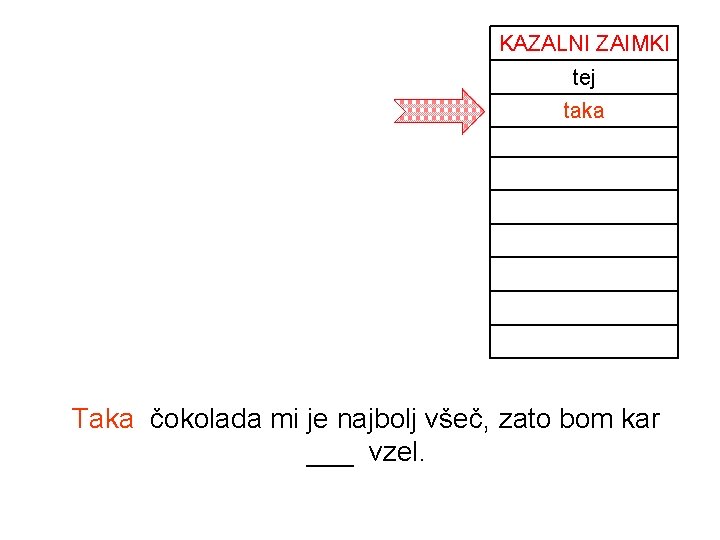 KAZALNI ZAIMKI tej taka Tisto tisto One one Tisti Oni Ta ta Takega Taka