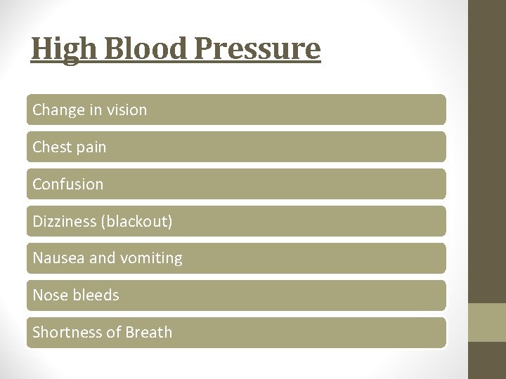 High Blood Pressure Change in vision Chest pain Confusion Dizziness (blackout) Nausea and vomiting