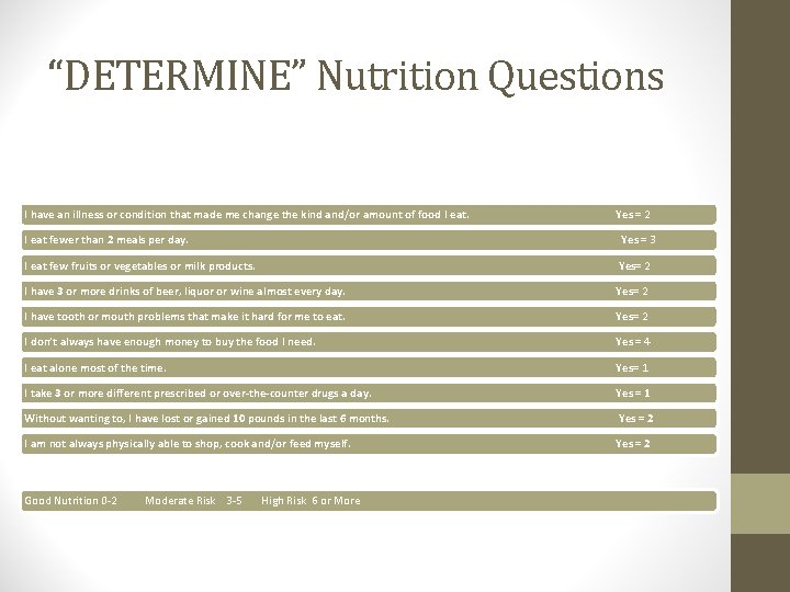 “DETERMINE” Nutrition Questions I have an illness or condition that made me change the