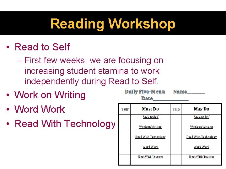 Reading Workshop • Read to Self – First few weeks: we are focusing on