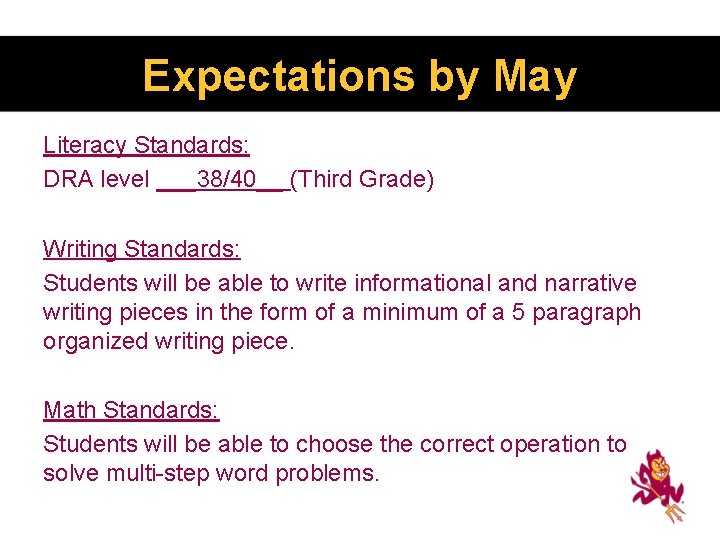 Expectations by May Literacy Standards: DRA level ___38/40__ (Third Grade) Writing Standards: Students will