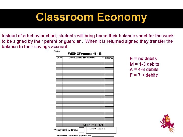 Classroom Economy Instead of a behavior chart, students will bring home their balance sheet