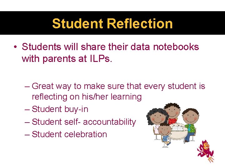 Student Reflection • Students will share their data notebooks with parents at ILPs. –