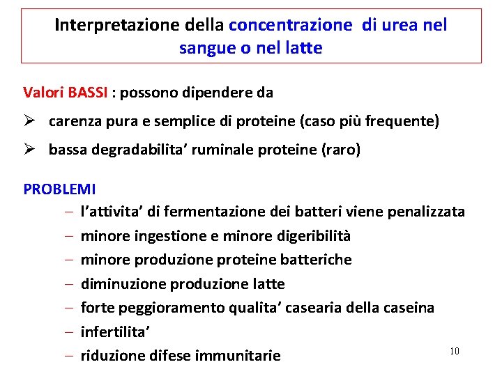 Interpretazione della concentrazione di urea nel sangue o nel latte Valori BASSI : possono