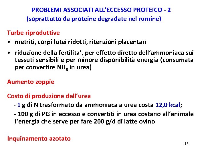 PROBLEMI ASSOCIATI ALL’ECCESSO PROTEICO - 2 (soprattutto da proteine degradate nel rumine) Turbe riproduttive