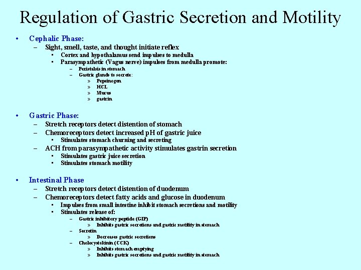 Regulation of Gastric Secretion and Motility • Cephalic Phase: – Sight, smell, taste, and