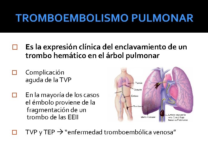 TROMBOEMBOLISMO PULMONAR � Es la expresión clínica del enclavamiento de un trombo hemático en