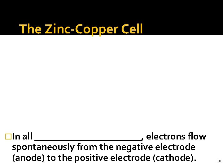 The Zinc-Copper Cell �In all ___________, electrons flow spontaneously from the negative electrode (anode)