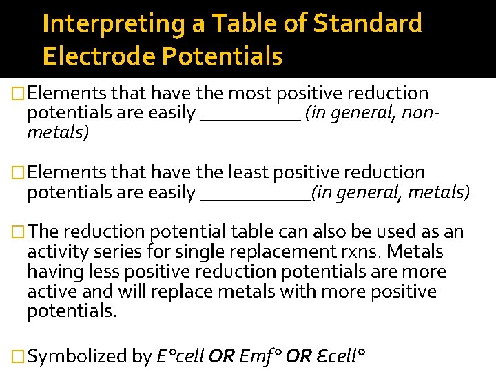 Interpreting a Table of Standard Electrode Potentials �Elements that have the most positive reduction