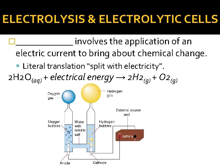 ELECTROLYSIS & ELECTROLYTIC CELLS �______ involves the application of an electric current to bring