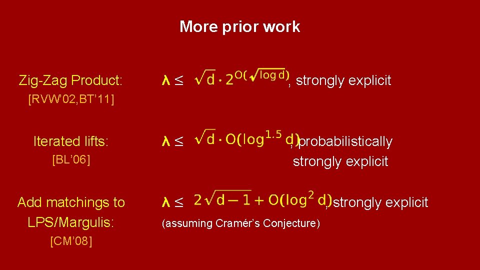 More prior work Zig-Zag Product: λ≤ , strongly explicit λ≤ , probabilistically strongly explicit