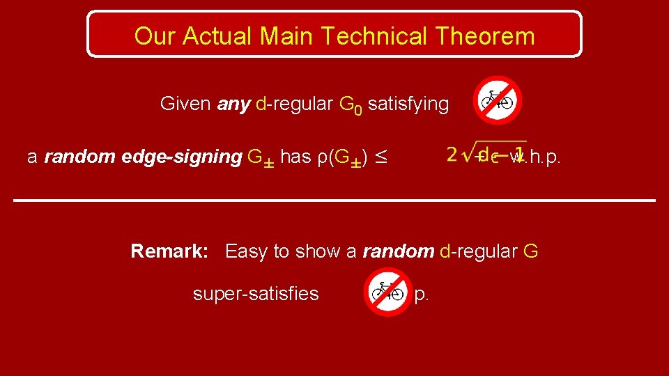 Our Actual Main Technical Theorem Given any d-regular G 0 satisfying a random edge-signing
