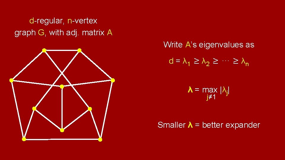 d-regular, n-vertex graph G, with adj. matrix A Write A’s eigenvalues as d =