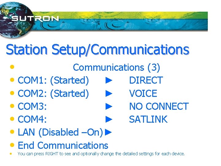 Station Setup/Communications • Communications (3) • COM 1: (Started) ► DIRECT • COM 2: