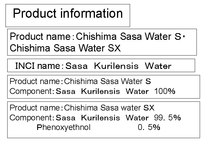 Product information Product name：Chishima Sasa Water Ｓ・ Chishima Sasa Water SＸ ＩＮＣＩ name：Ｓａｓａ　Ｋｕｒｉｌｅｎｓｉｓ　Ｗａｔｅｒ　　　　　 Product