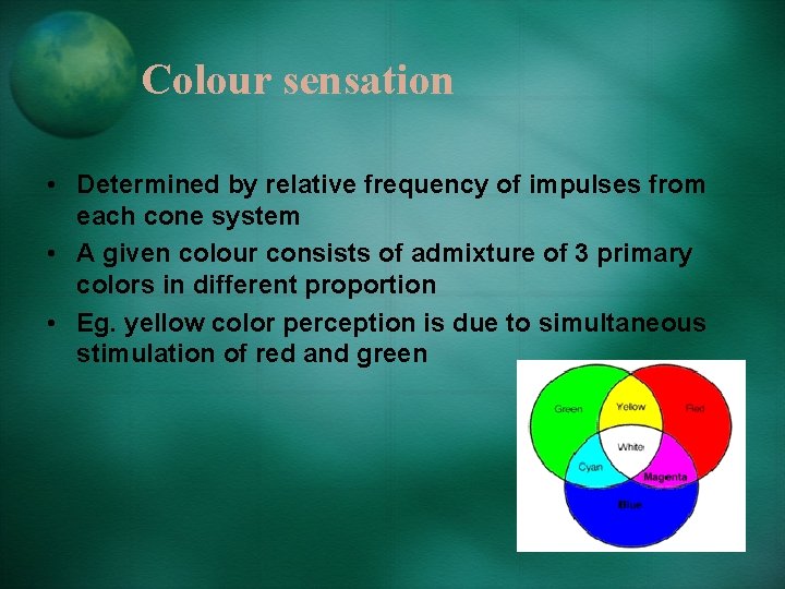Colour sensation • Determined by relative frequency of impulses from each cone system •